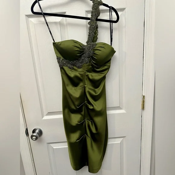 Xscape | Dresses | Flattering One Shoulder Olive Green Dress With Bead Embellishment | Poshmark Xscape | Dresses | Flattering One Shoulder Olive Green Dress With Bead Embellishment | Poshmark